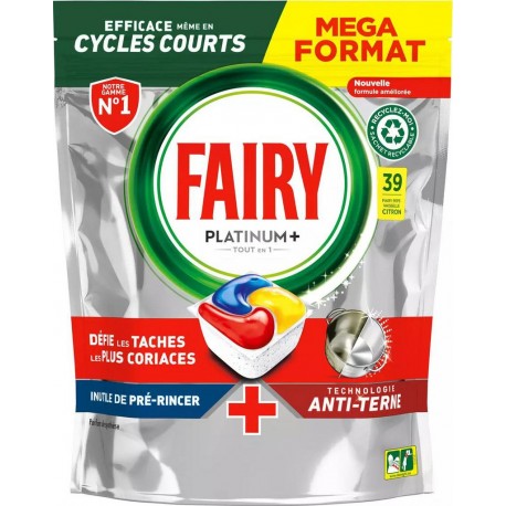 FAIRY PLATINUM + PRODUIT VAISSELLE MACHINE CAPSULES DANS SACHET REFERMABLE CITRON 605GR 39CT CONCENTRE GEL & POUDRE LAVAGE & PRO