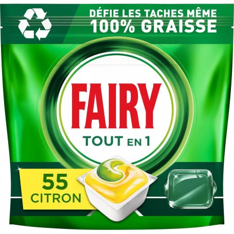 FAIRY TOUT EN 1 PLUS PRODUIT VAISSELLE MACHINE CAPSULES DANS SACHET REFERMABLE CITRON 743GR 55CT CONCENTRE GEL & POUDRE LAVAGE &