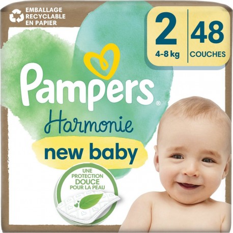 PAMPERS Couches Bébé Harmonie New Baby 4 - 8Kg Taille 2 pack de 48 couches
