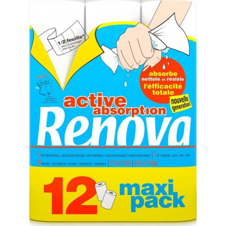 RENOVA ACTIVE ESSUIE-TOUT ROULEAUX SOUS FILM PLASTIQUE NON PARFUME 12RL BLANC PAPIER OUATE