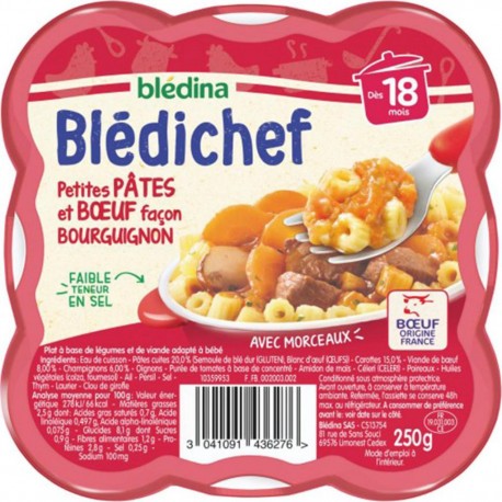 Blédina Blédichef Petites Pâtes et Boeuf Façon Bourguignon (dès 18 mois) l’assiette de 250g (lot de 8)