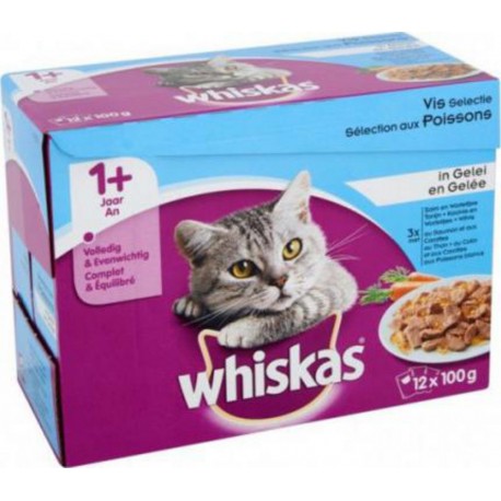 Whiskas CHAT 1+AN SACHETS FRAÎCHEUR SÉLECTION AUX POISSONS en gelée 12x100g (lot de 2)
