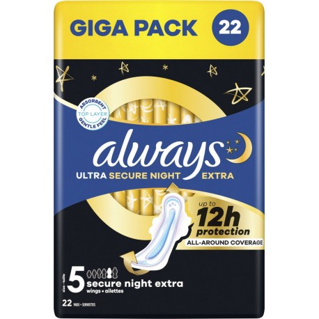 ALWAYS Serviettes Hygiéniques avec Ailettes Ultra Secure Night Extra 12h de Protection 22 serviettes