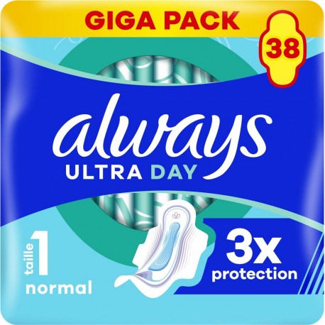 ALWAYS Serviettes Hygiéniques avec Ailettes Normal Jour Taille 1 Ultra Day pack de 38 serviettes hygiéniques